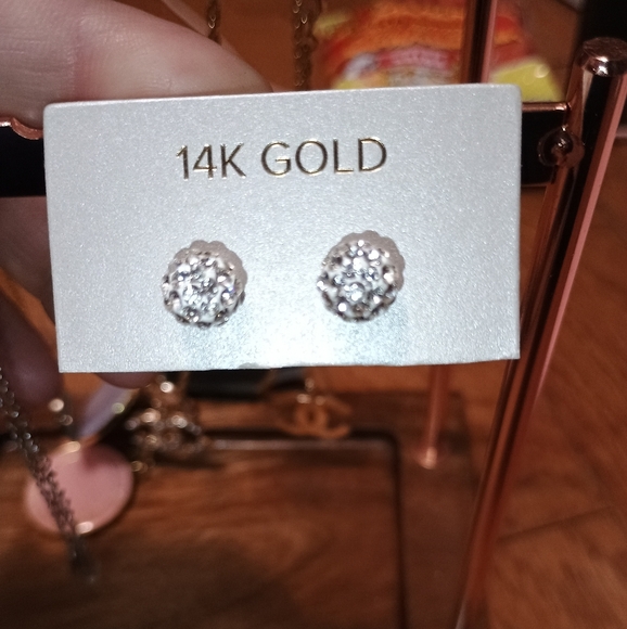 14K Gold White Crystal Ball Stud Earrings